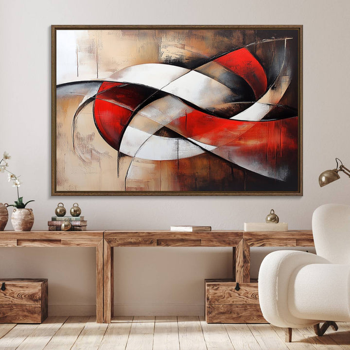 The Abstract Wall Art - Modern Red and White Canvas is displayed prominently in front of an entrance.