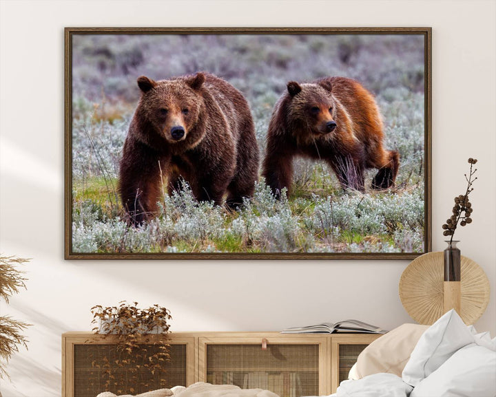 The "Grizzly 399 in Wild Flowers" wall art canvas print, showcasing grizzly bears amidst vibrant wildflowers, elegantly captures the enchanting essence of nature. This handmade piece from the USA brings striking beauty to any space.