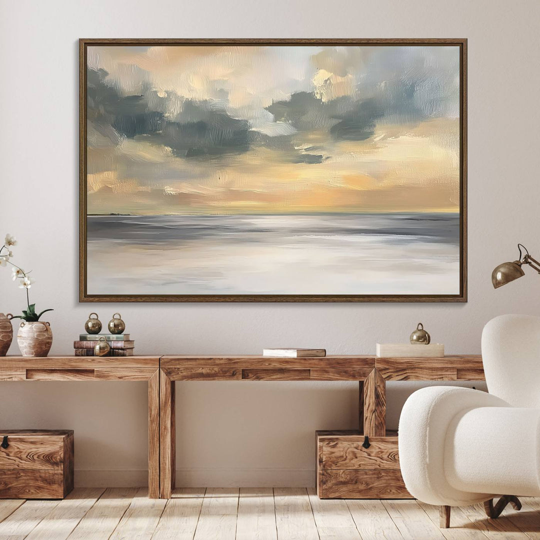 The Modern Coastal Wall Art Canvas Print features vibrant abstract ocean waves and clouds.