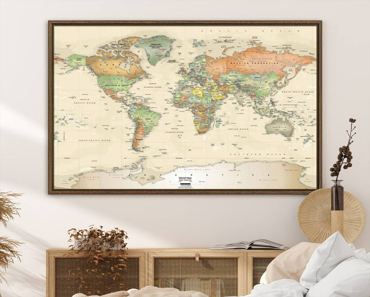 The Large Push Pin World Map Wall Art Canvas Print, with a gallery-quality finish, is carefully crafted on premium canvas and handmade in the USA. This piece adds a touch of elegance to any space.