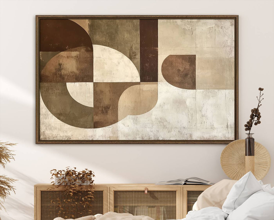 A Wabi Sabi Geometric Minimalist Wall Art Canvas Print—with a modern abstract geometric design in brown and beige tones—stands proudly in front of a house.