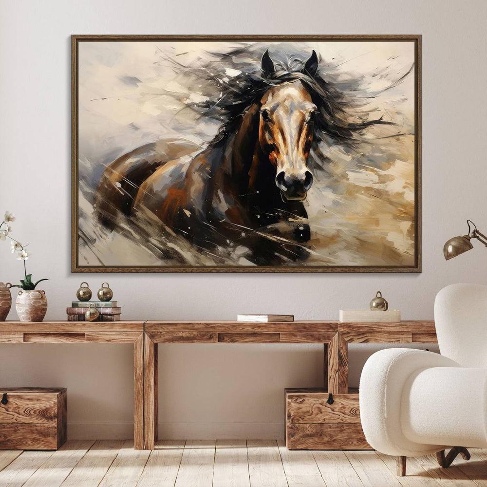 The Abstract Wall Art Horse Print adds rustic charm.