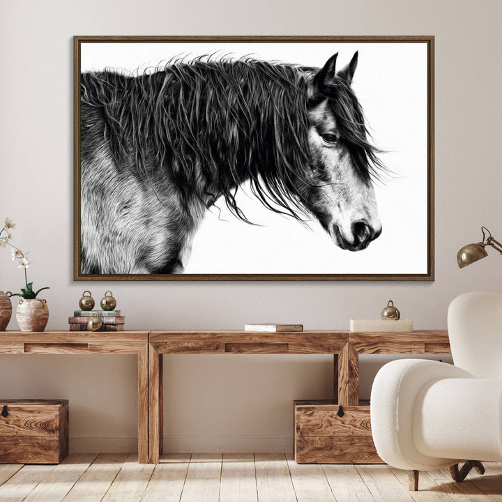 Black Horse Wall Art Canvas Print for farmhouse decor on the kitchen wall.