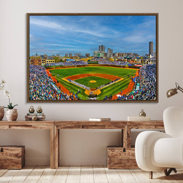 The Wrigley Field Cubs Panoramic Canvas Art hangs prominently in the modern living room.