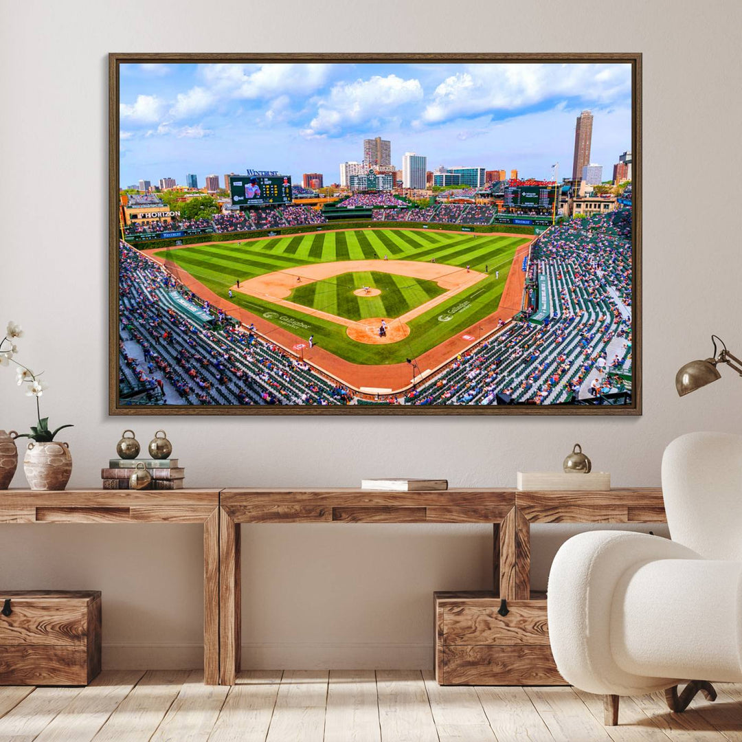 A 3-piece panoramic canvas wall art showcases an aerial view of a packed Chicago Cubs game at Wrigley Field, perfect for sports lovers.