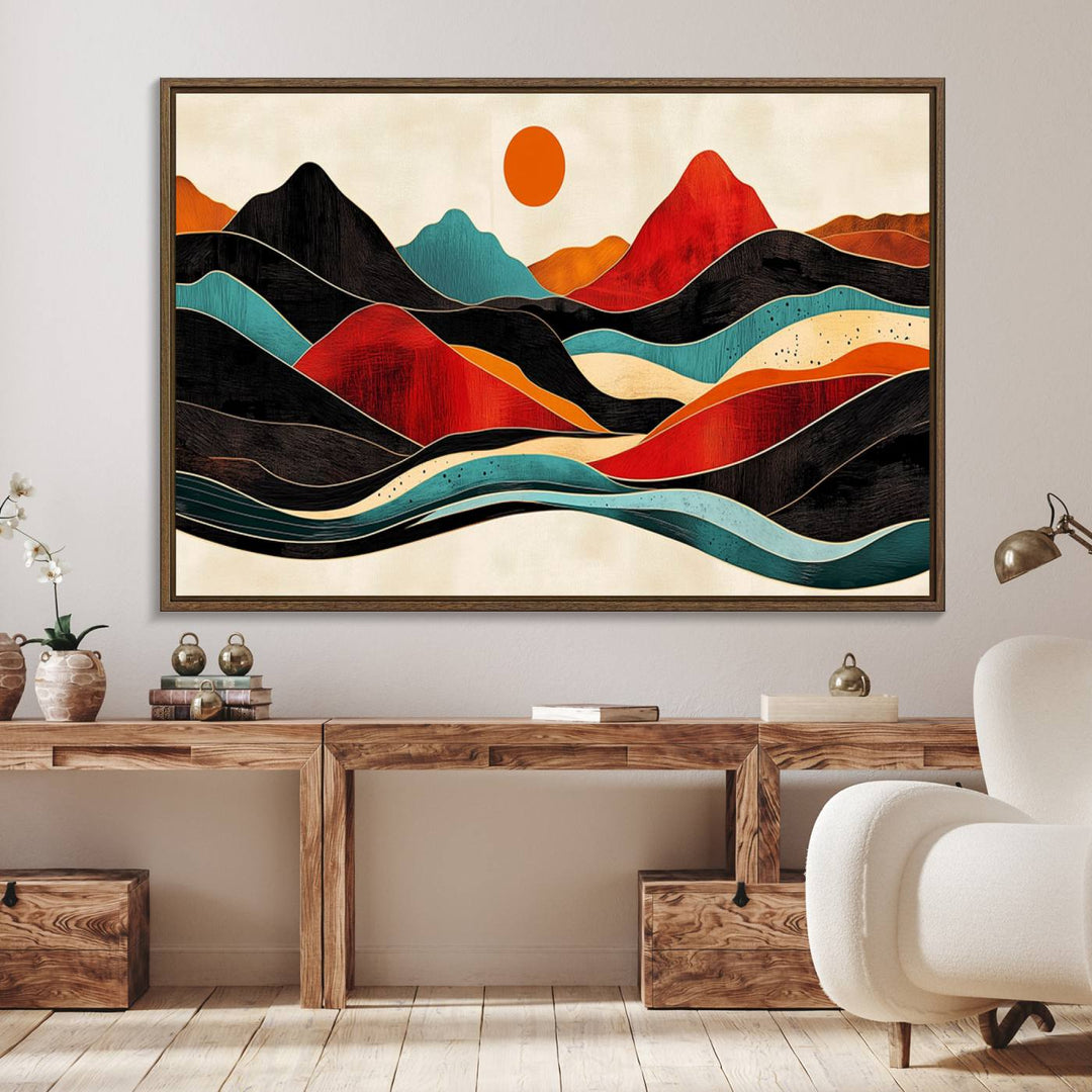 The Colorful Western Triptych Canvas features a vibrant mountain and sun design, making it perfect for modern kitchens or log cabin walls.