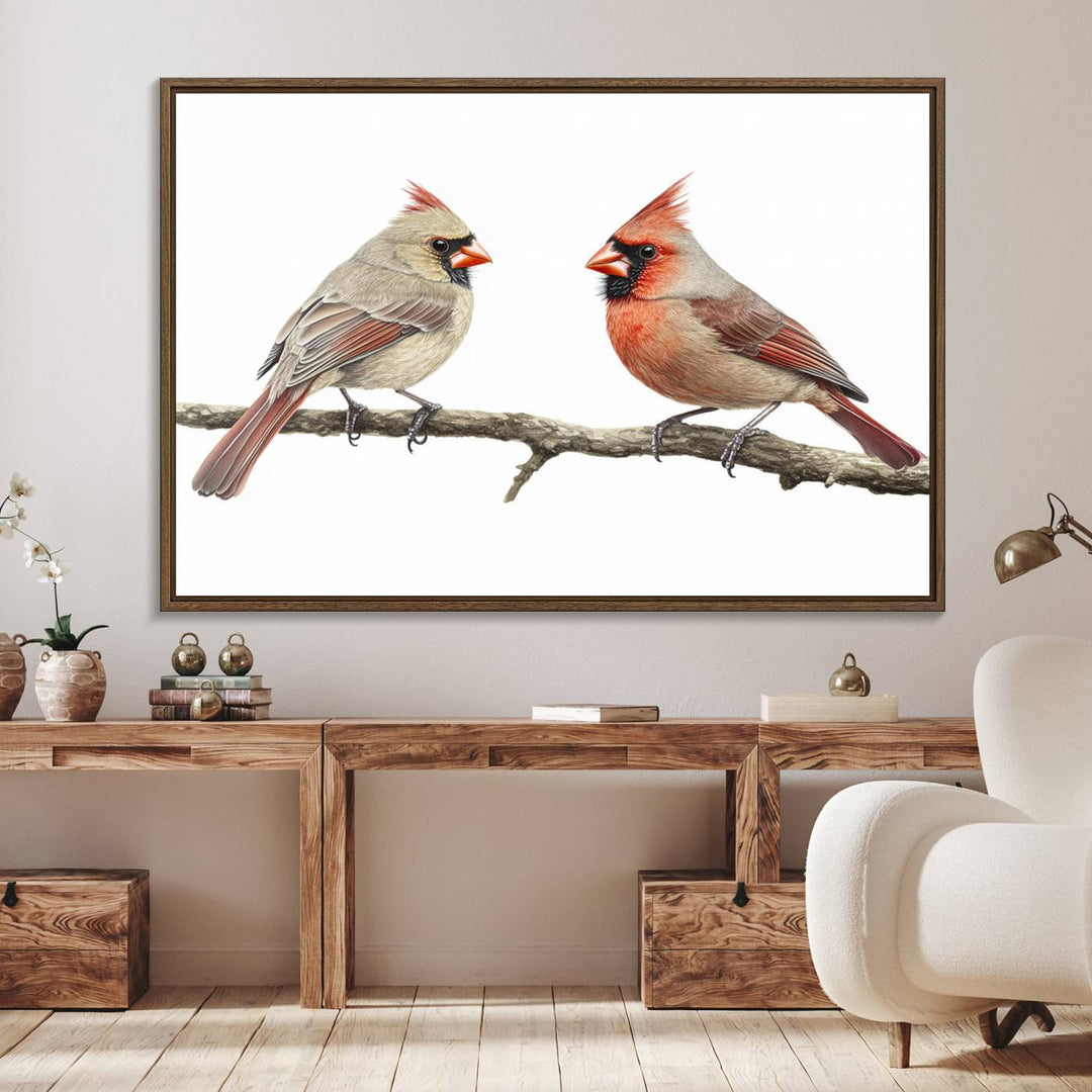 A Cardinal Canvas Wall Art print of cardinals on a branch hangs prominently.