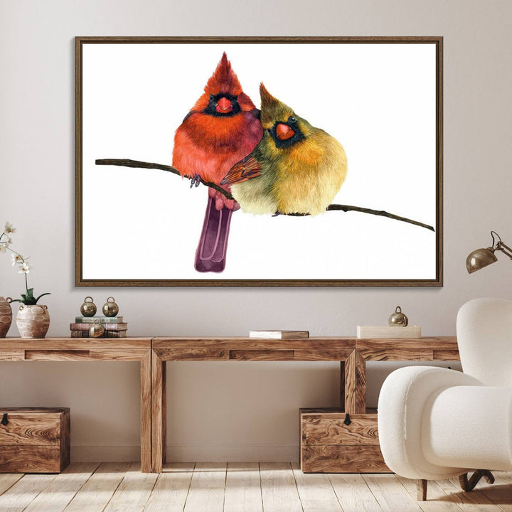 The Cardinal Bird Canvas Wall Art showcases vibrant male and female cardinals, capturing the beauty of nature in vivid detail.