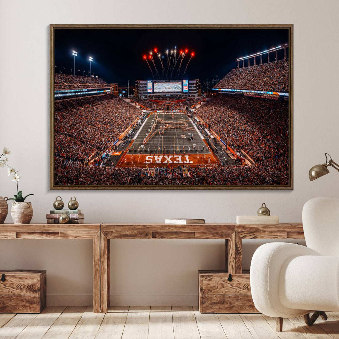 A Texas Memorial Stadium canvas print with fireworks embellishes the modern living room.