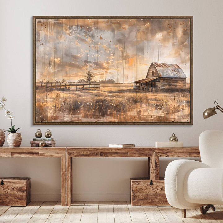 Rustic Farmhouse Wall Art Canvas depicting a barn under a cloudy sky.