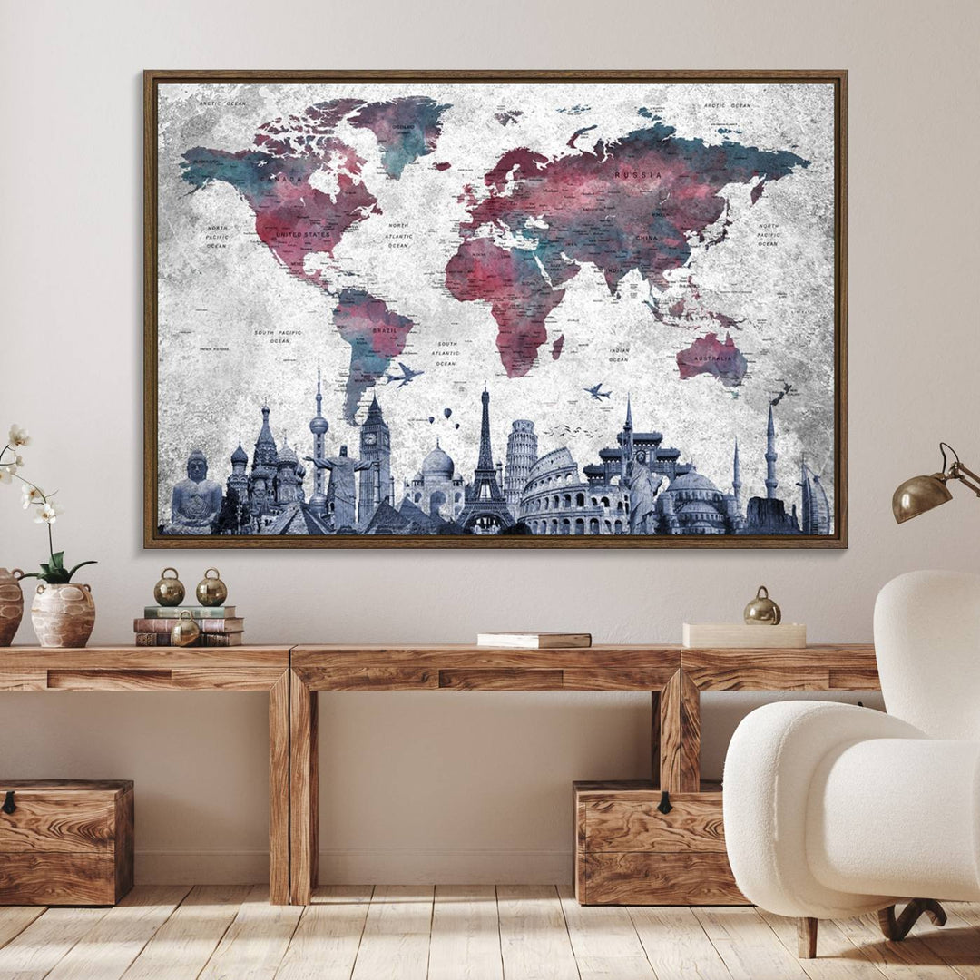 The dining room features a Blue Multipanel World Map Wall Art Canvas Print that adorns the wall, highlighting its neutral decor.