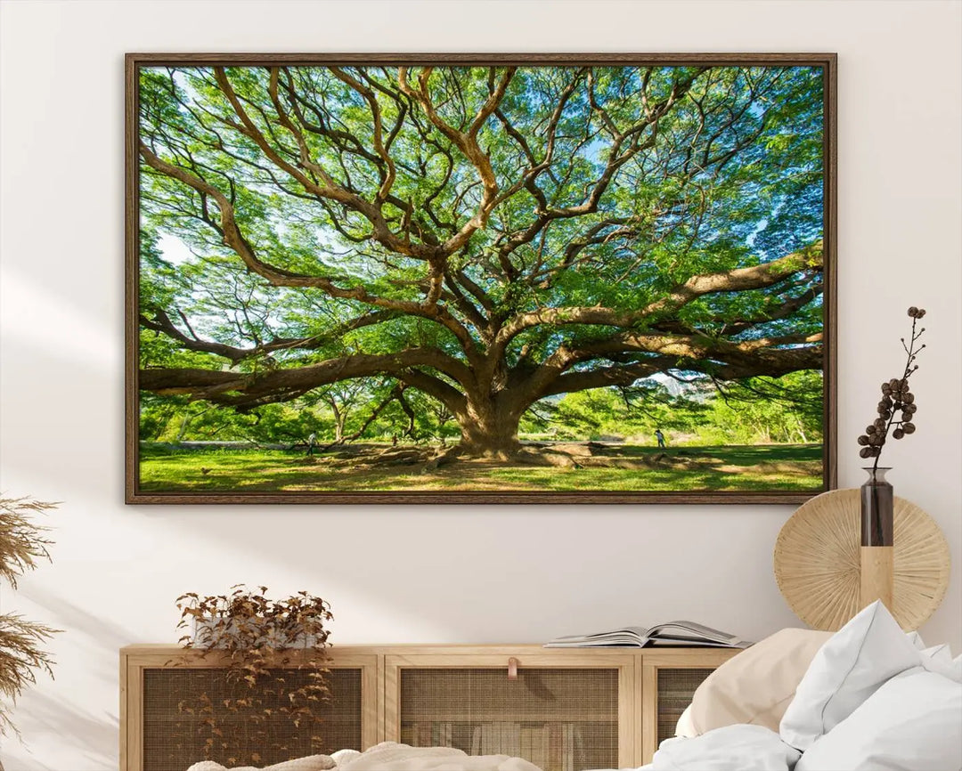 The Angel Oak Tree Wall Art, a multi-panel canvas print showcasing a large tree with sprawling branches and green leaves in a style reminiscent of the majestic Angel Oak Tree, elegantly adorns the wooden wall in the living room.