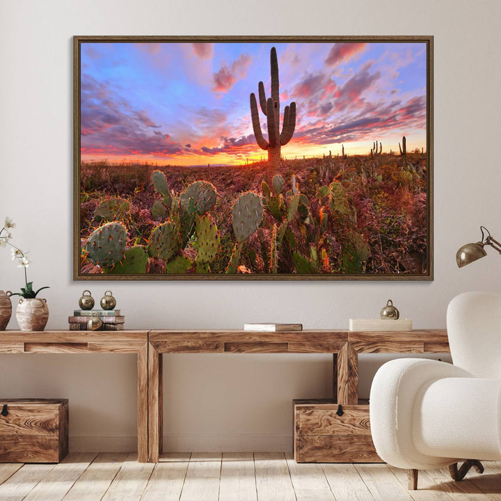 The Arizona Desert Sunset Wall Art Canvas Print featuring cacti is displayed.