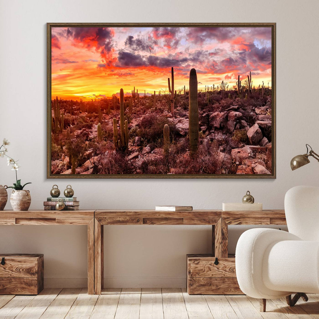 A vibrant desert sunset with cacti, perfect Western Cowboy Wall Art Print.