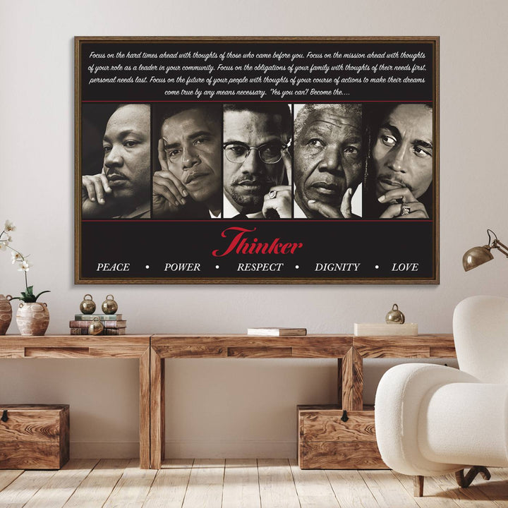 The Thinkers of Wall Art Canvas Print features icons of peace, power, and respect; it is framed and ready to hang.