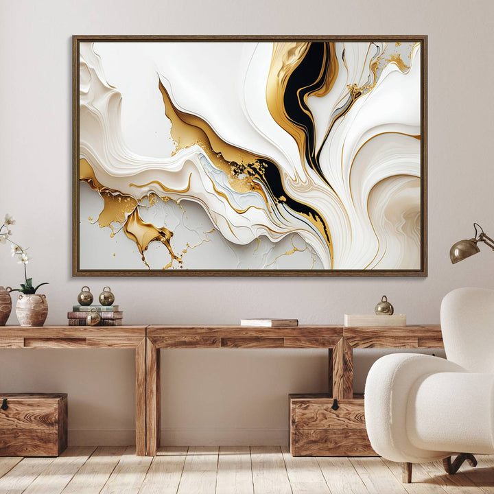 Modern interiors showcase Gold Waves on Pure White Canvas.