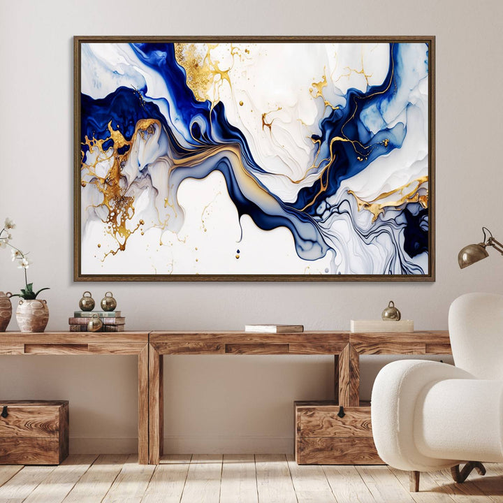 Golden Cascades on Midnight Blue wall art swirls above, featuring gold and white accents.