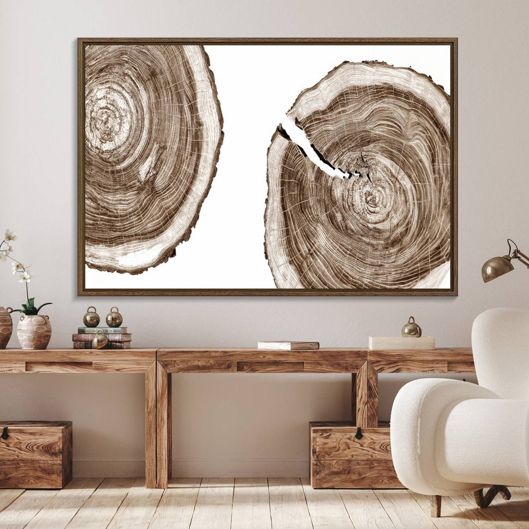 Wood Tree Ring Wall Art on a minimalist black and white canvas.