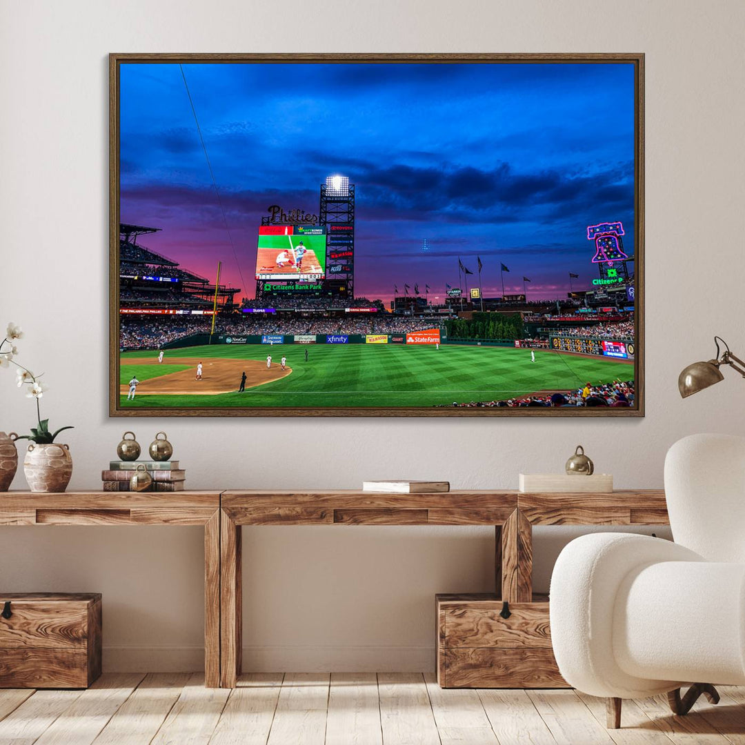 The Phillies canvas print captures a stunning sunset, vibrant signage, and players on the field.