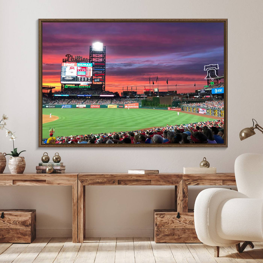 The Philadelphia Phillies canvas print showcases Citizens Bank Park at sunset with a crowd and scoreboard.