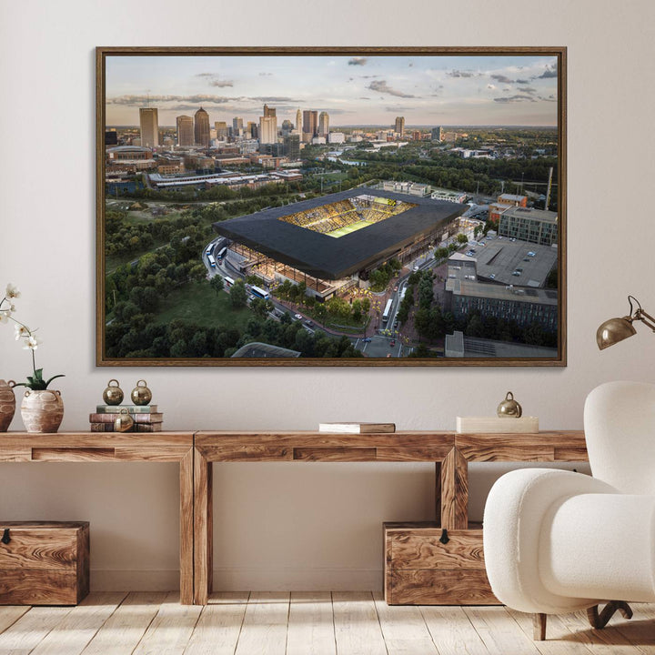 The Columbus Crew Soccer Stadium canvas art adds a vibrant touch to the room.