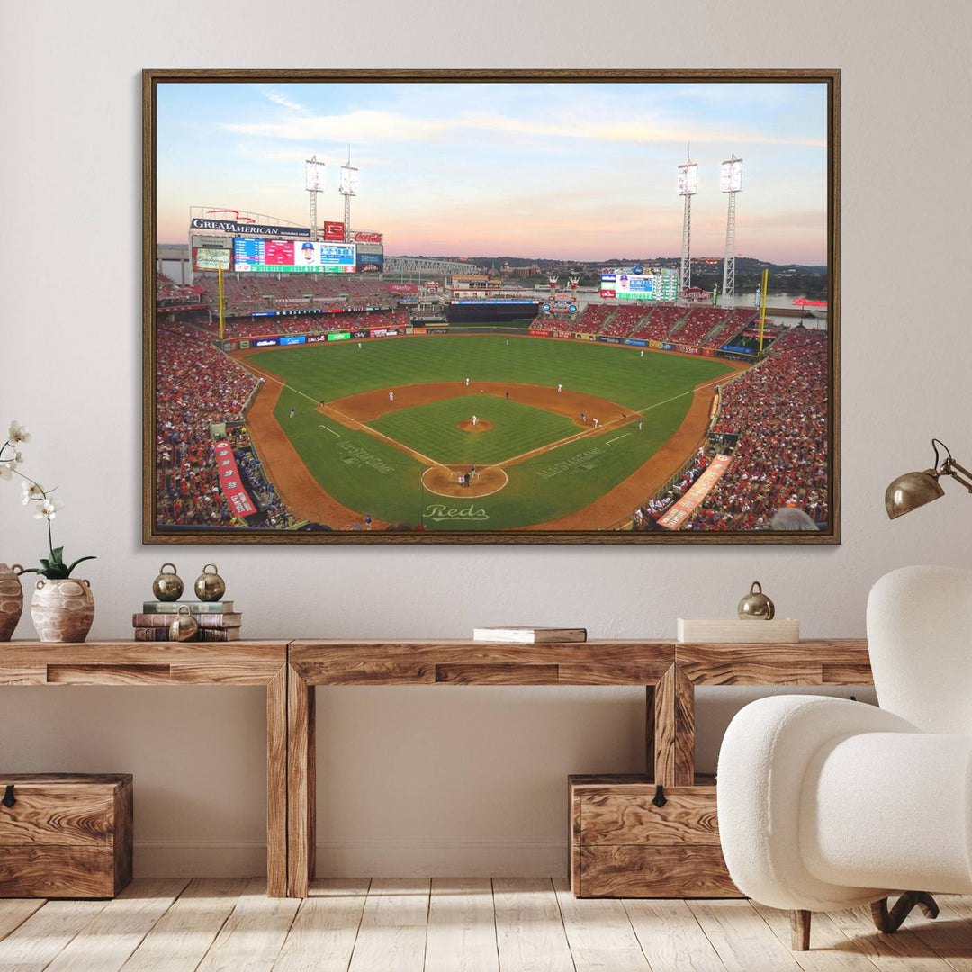 Cincinnati Reds game at sunset: Stadium wall art canvas.