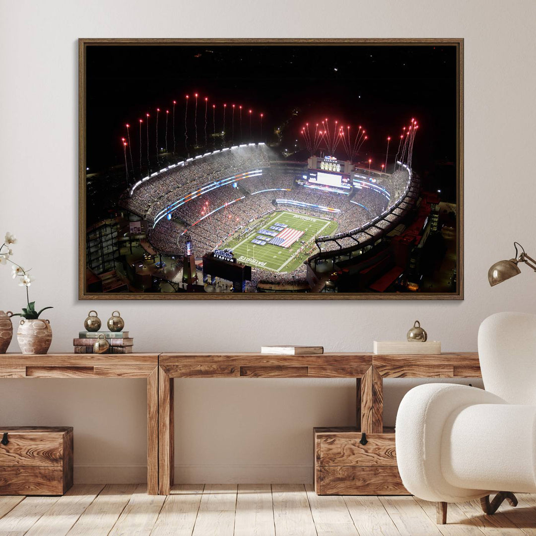 Aerial view of Gillette Stadium with fireworks and flag—ideal for a New England Patriots canvas print.