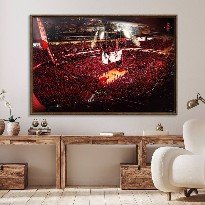 A crowded basketball arena with red lighting hosts a Houston Rockets game.