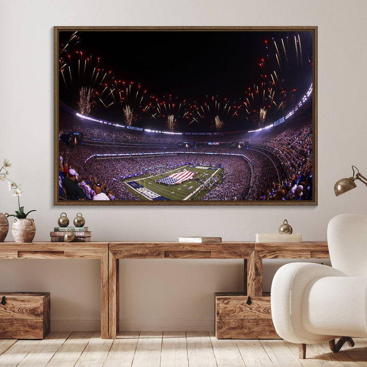 A vibrant wall art piece in MetLife Stadium features a stunning American flag design, capturing the spirited atmosphere of game day.