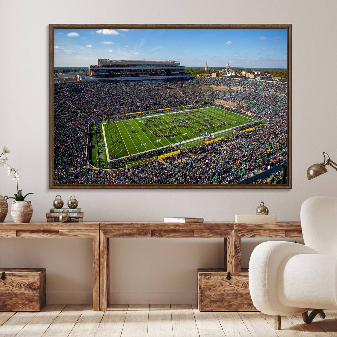 Aerial shot of packed stadium on green; Notre Dame Fighting Irish Stadium Wall Art Canvas Print.