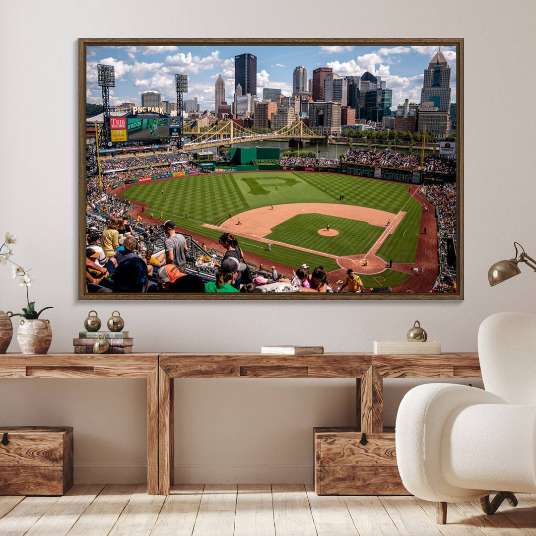 PNC Park Stadium canvas print features a lush field and city skyline, ready to hang.