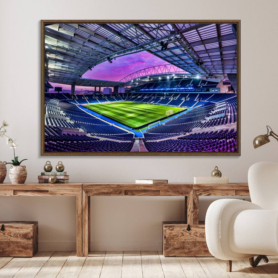 The FC Porto Soccer Team Dragon Stadium Wall Art Canvas Print decorates the room.