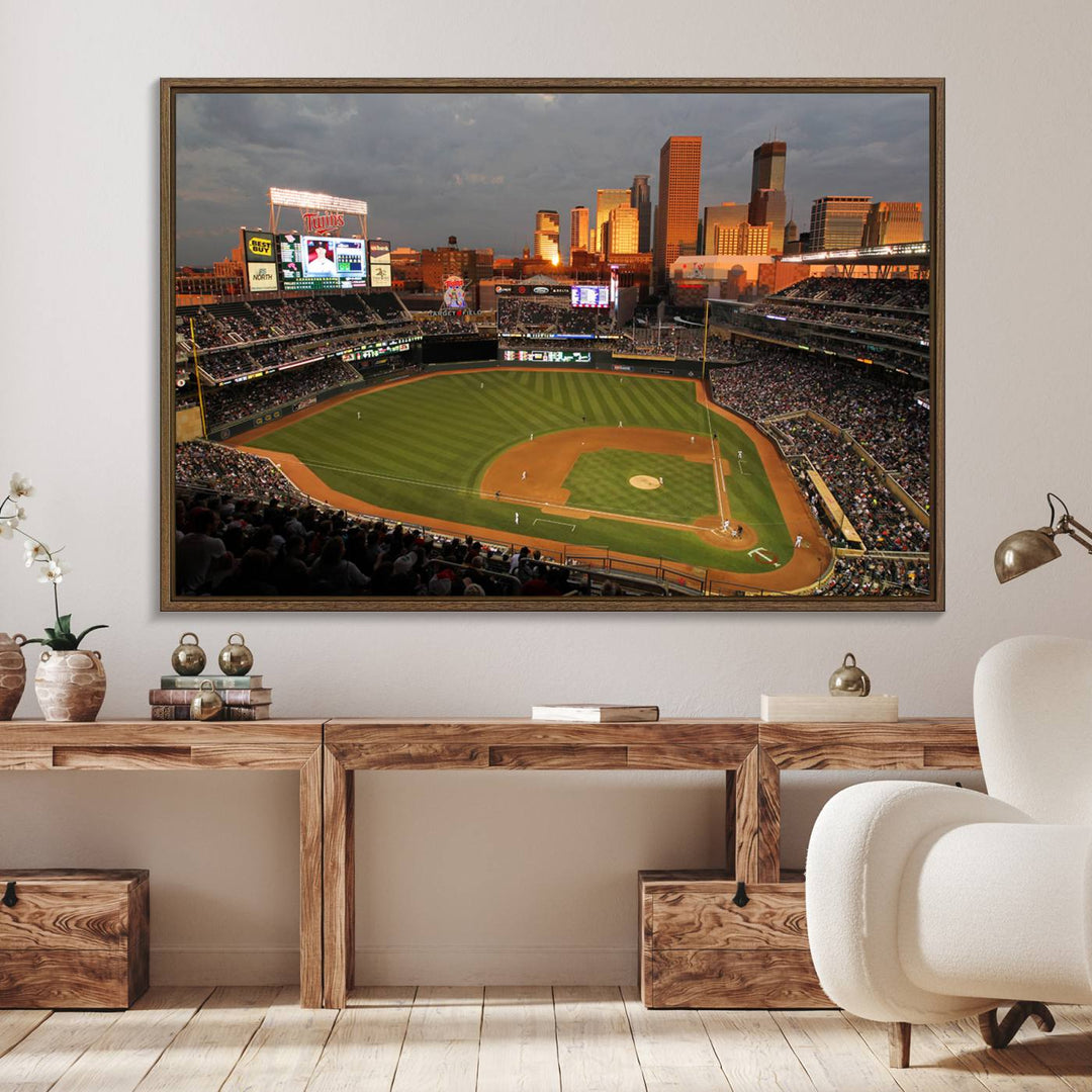 Baseball at Target Field, sunset game, city skyline view.