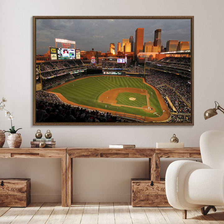 Baseball at Target Field, sunset game, city skyline view.