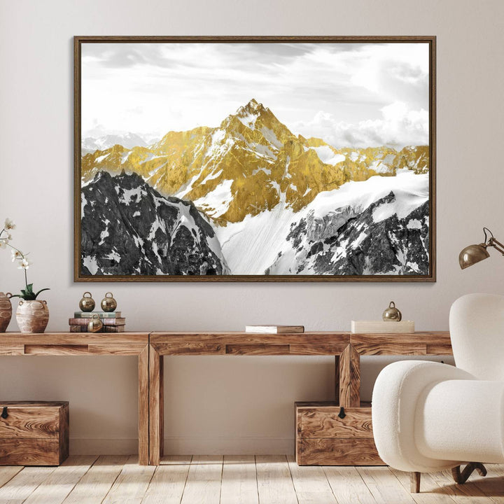 Gold Abstract Mountains Wall Art Print on Canvas.