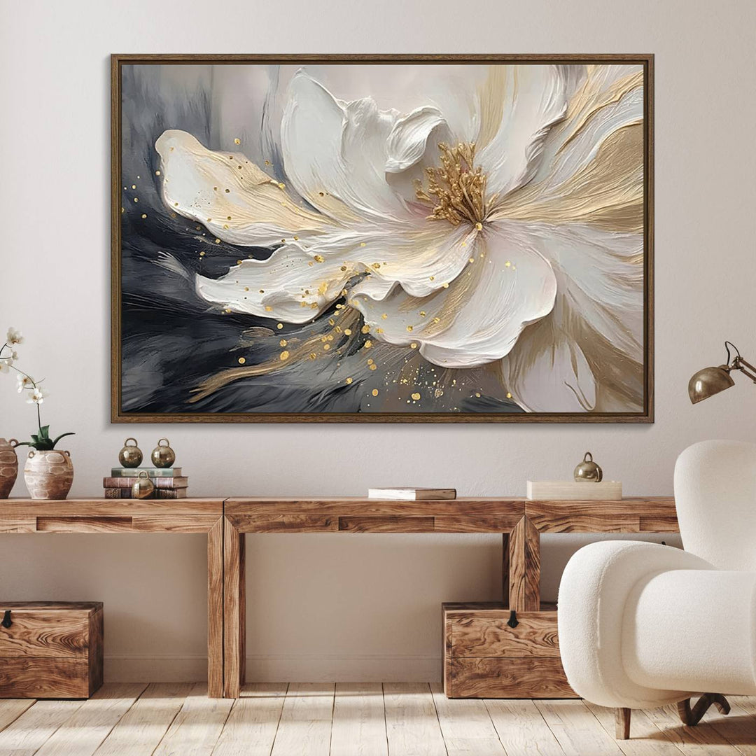 The abstract floral wall art canvas print features a large flower with gold accents.