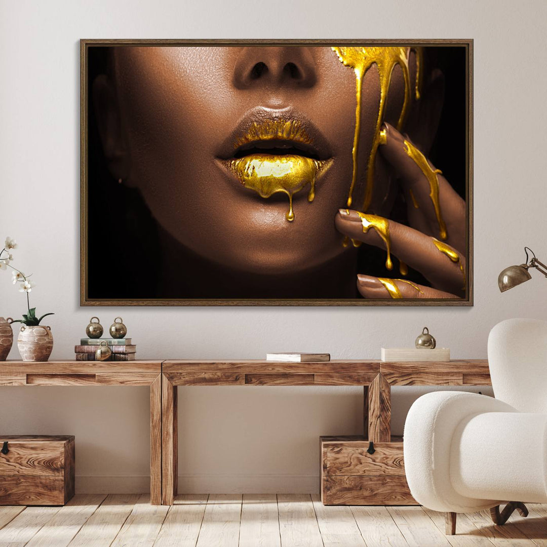 African American Art Canvas Print of a Black Woman with Gold Lips.