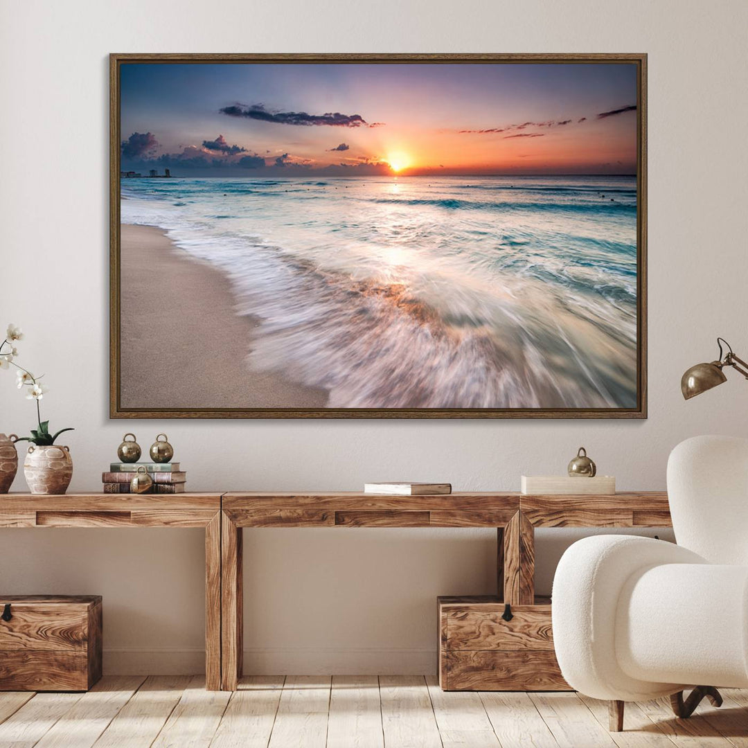 The Sunset Beach Wall Art adds tranquility to the living room.