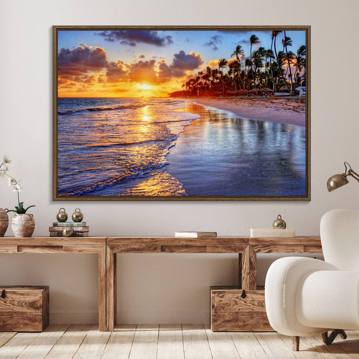 Serene Beach Sunset Wall Art Canvas featuring ocean waves hangs prominently.