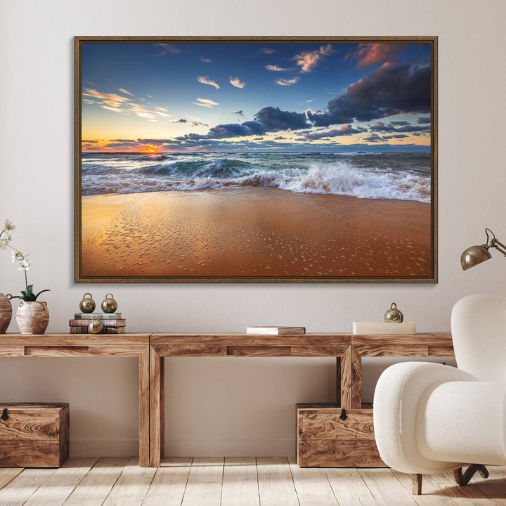 A Beach Canvas Wall Art depicting ocean waves and a tranquil sunset hangs above, capturing the serene beauty of coastal scenery.