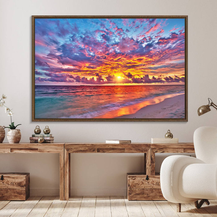 The Vibrant Sunset Beach Wall Art hangs prominently on the wall.