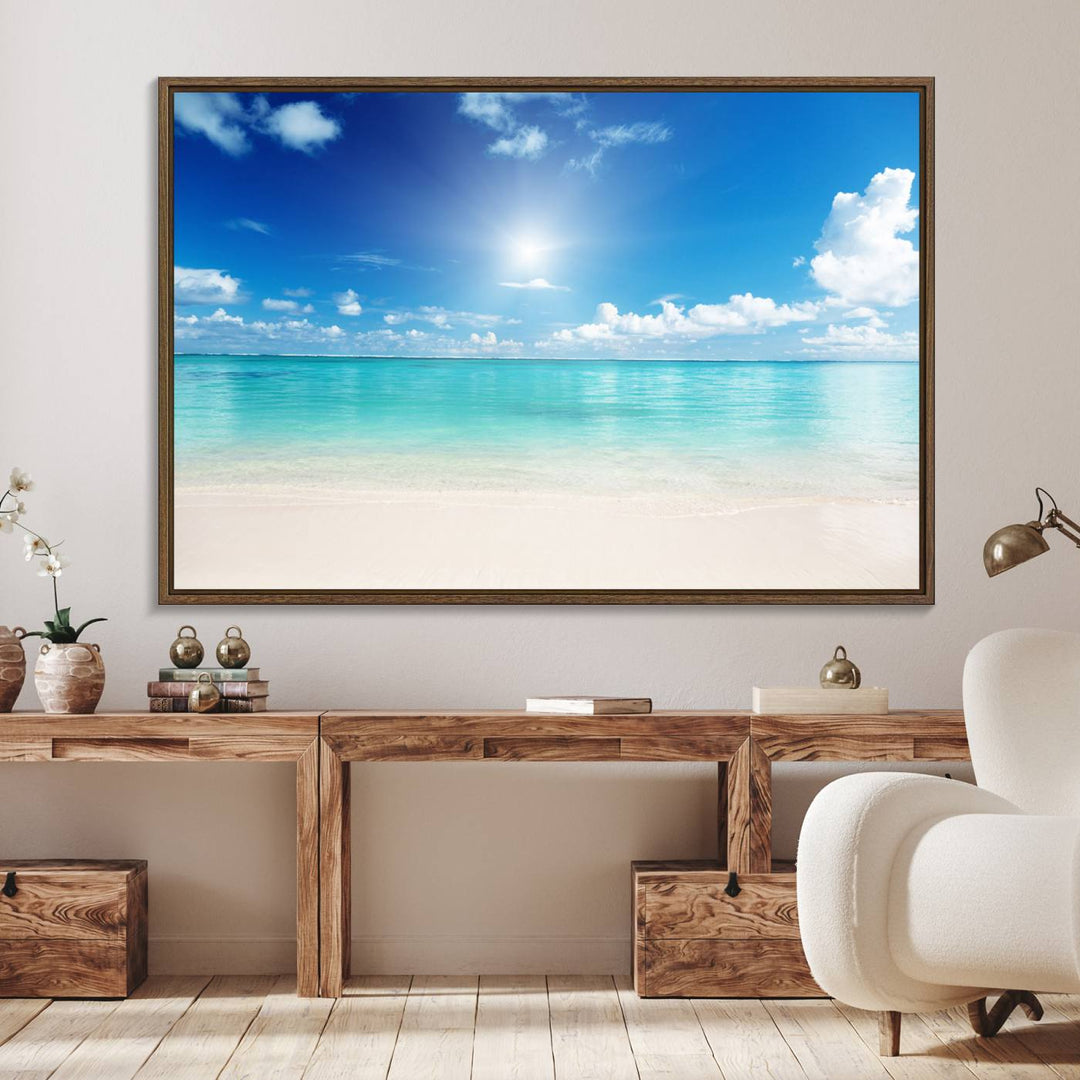 The Blue Ocean Wall Art Canvas Print hangs, creating a tranquil paradise.