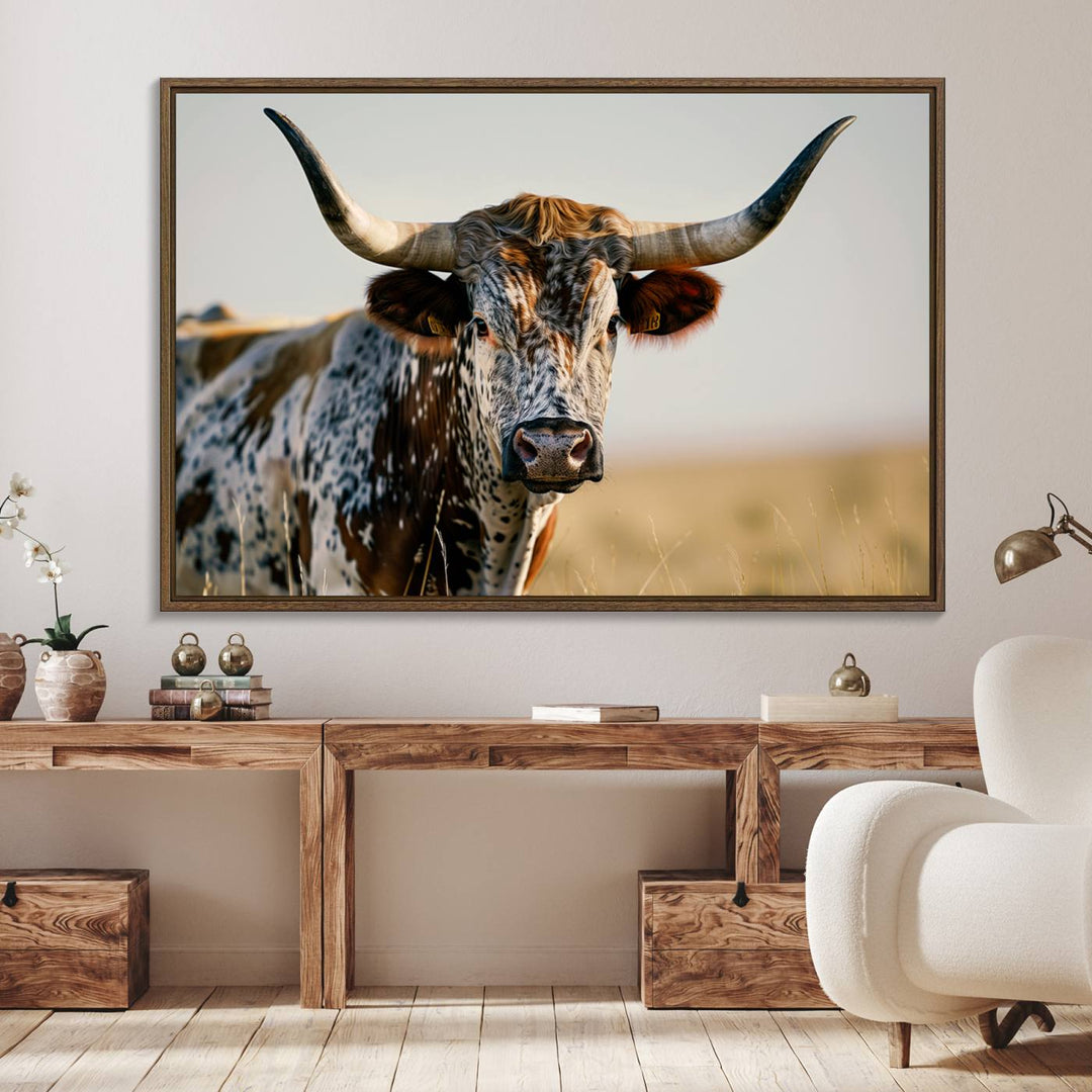 The Texas Bull Longhorn Wall Art Canvas Print is perfect for farmhouse decor.