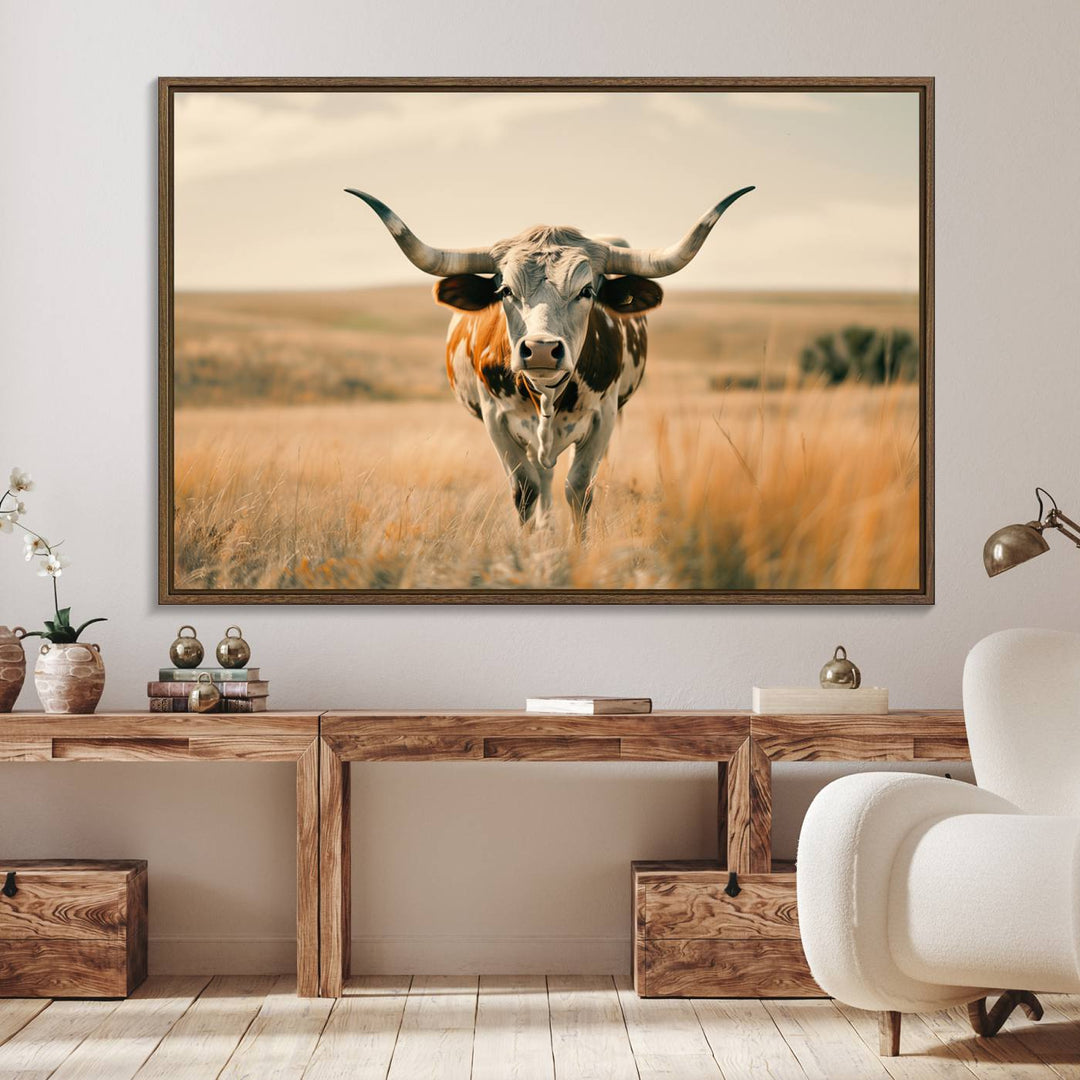 The Texas Cow Longhorn Wall Art Canvas adds rustic charm to the decor.