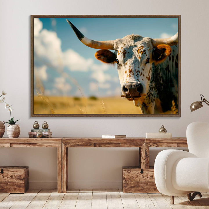 The Longhorn in the Prairie triptych cowboy wall art is ideal for western decor.