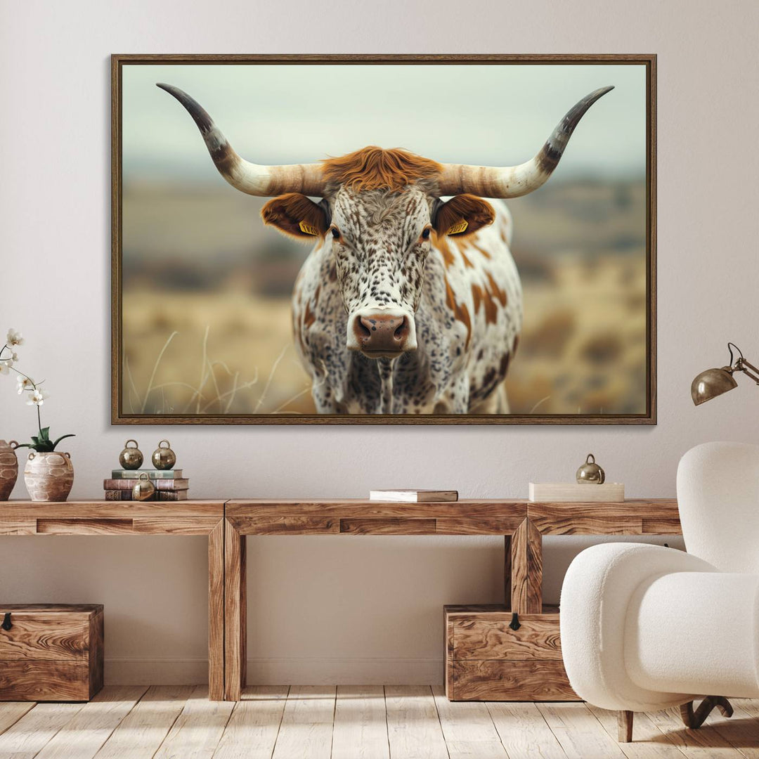 The Texas Cow Longhorn Canvas Print hangs, adding Western elegance.