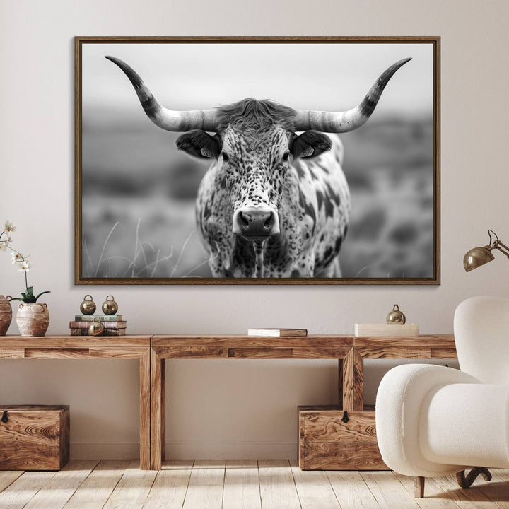 Texas Cow Longhorn Art, ideal for farmhouse decor.