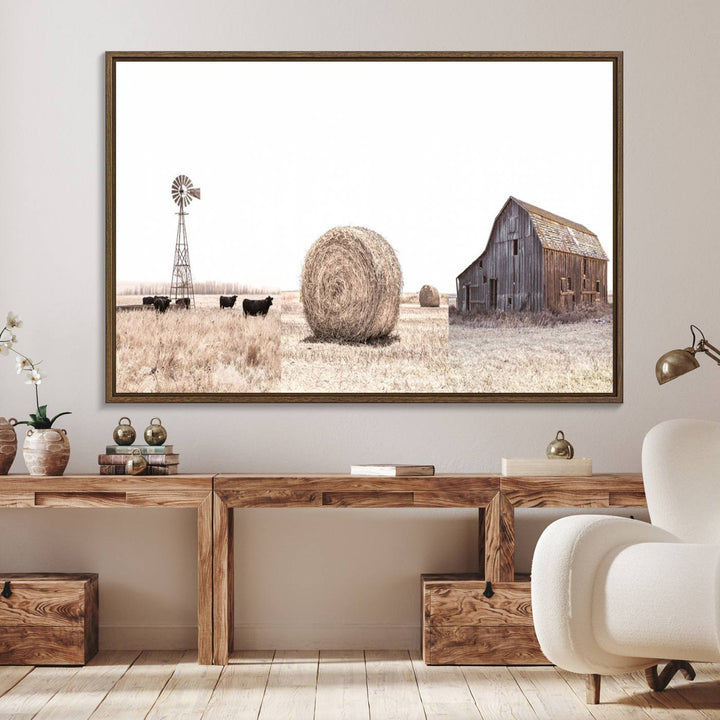 Above the couch, a Rustic Farmhouse Wall Art set depicts a barn and wheat field.