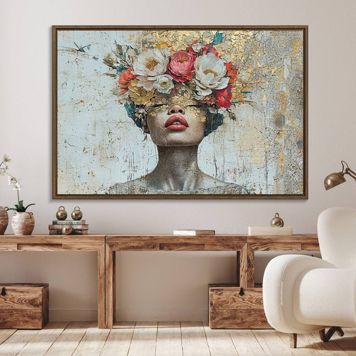 Golden Petal Canvas Print of a silhouette woman with a floral head creates a captivating focal point in the space.