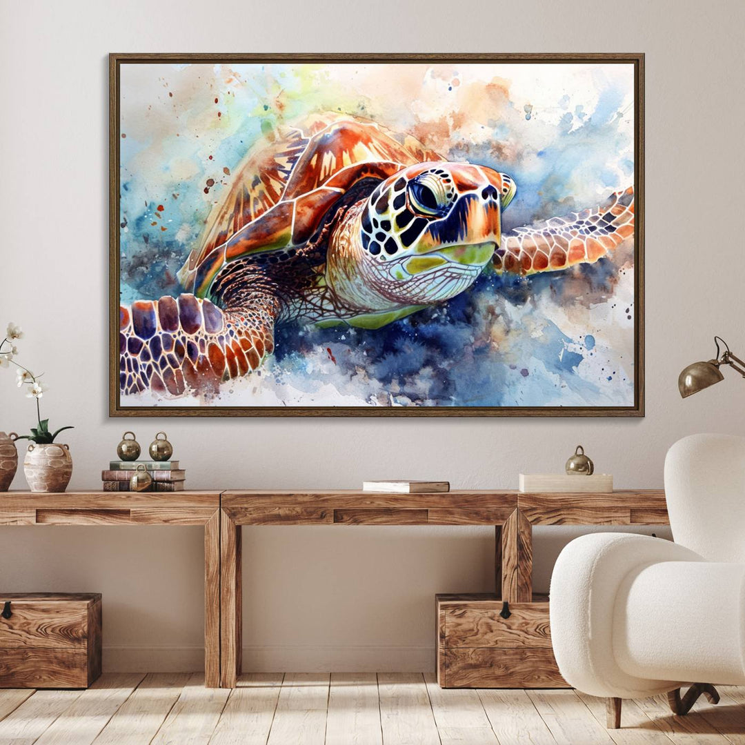 A Watercolor Sea Turtle Canvas Print with vibrant ocean colors adorns the wall.